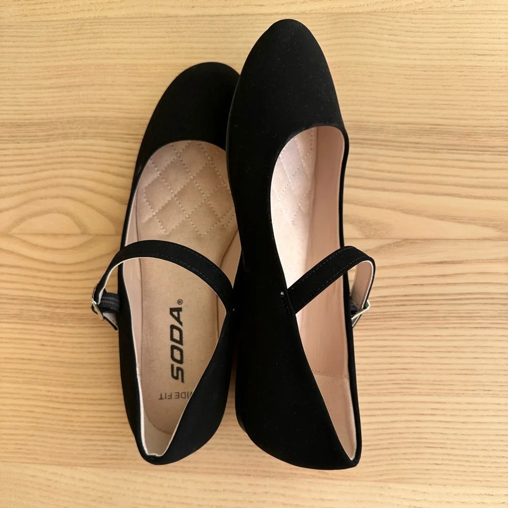 Black Suede Mary Jane Flats | Women’s 6.5 Wide Fit - Picture 1 of 8